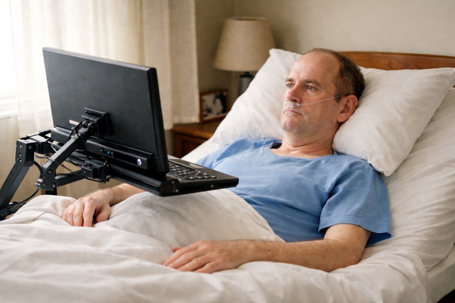 Personne alitée utilisant un dispositif informatique assisté pour gérer ses mails